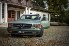 mercedes benz 560 sec c123 zielony auto na ślub